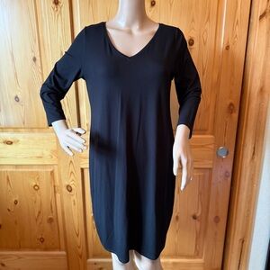 Eileen Fisher Black V Neck 3/4 Sleeve Knee Length Jersey Dress PM Minimalist